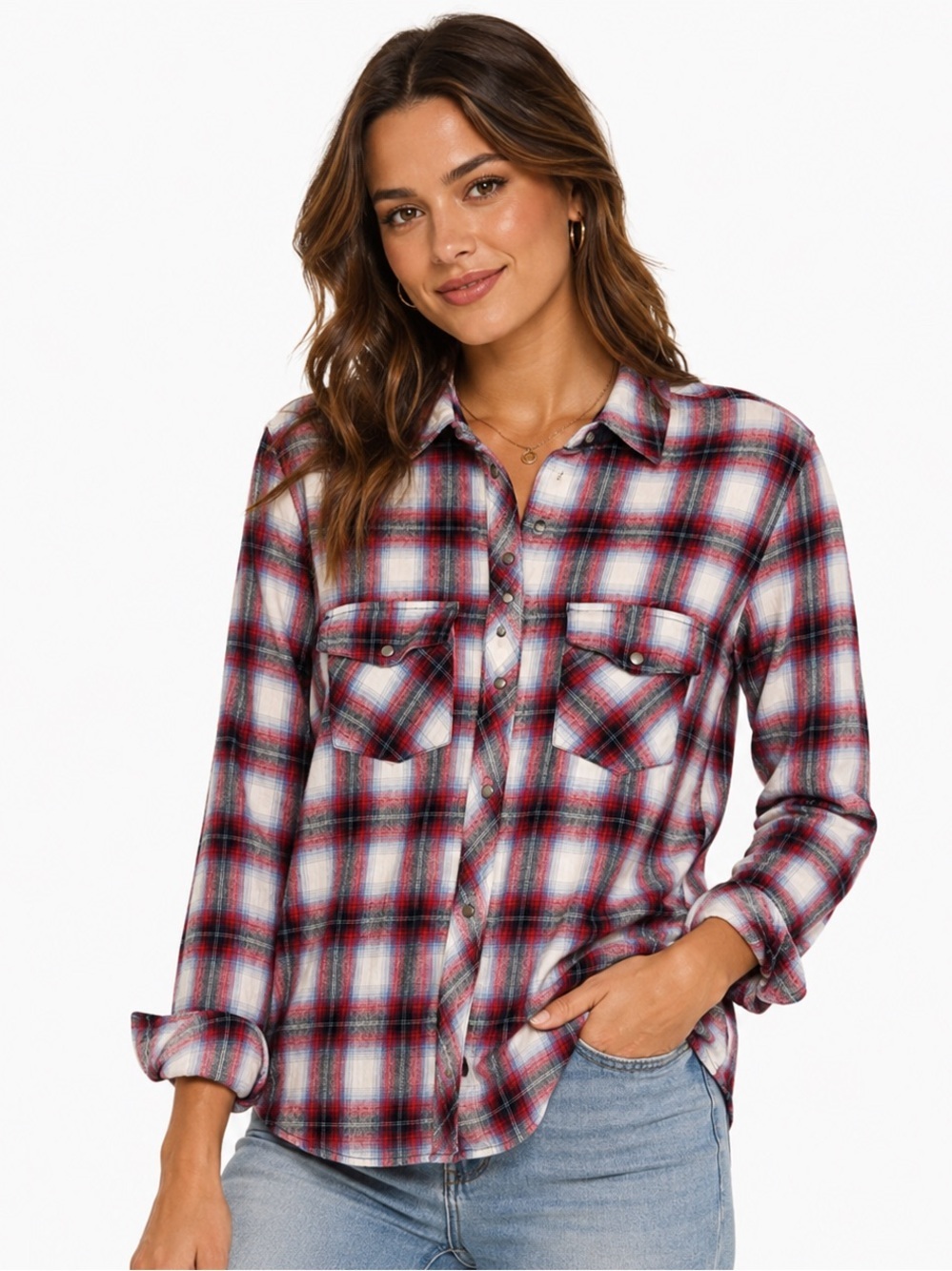 KUT From The Kloth Plaid Flannel Shirt Womens Snap Front Western Size M